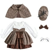 Little/big Kids British Style Detective Girl's Suit Plaid Shawl Girl's Puffy Long Dress Halloween for Christmas Holiday Party Halloween(3-4 Years Brown)